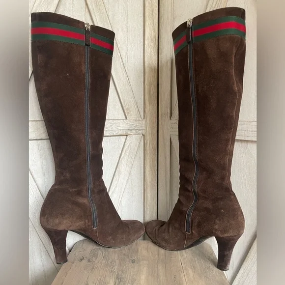 Gucci tall brown suede leather boots with classic web detail size 37 - Picture 7 of 15